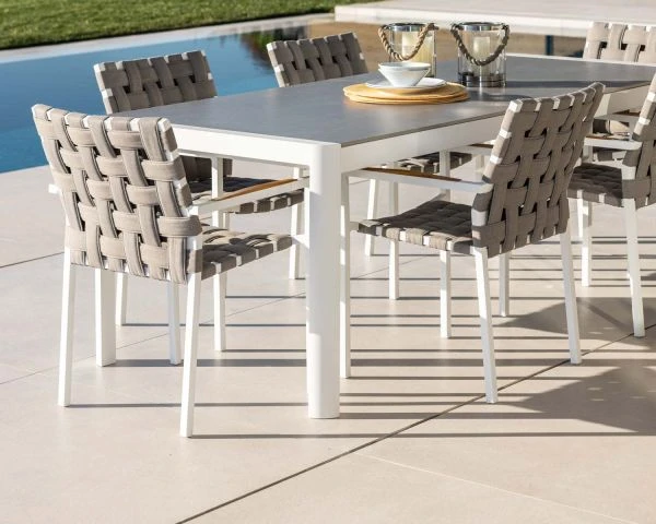 Lot De 2 Chaises De Repas élégantes Pour Extérieur Tissu Tressé Taupe Et Aluminium Blanc "Saint Tropez" – Image 4