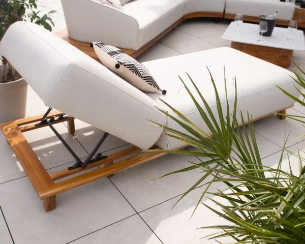 Chaise Longue Luxueuse Teck Et Tissu Sunbrella écru Sans Surpiqure "Lombok Chiné" – Image 6