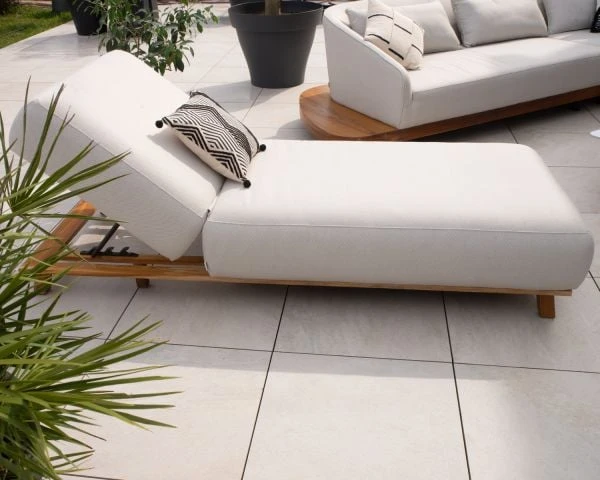 Chaise Longue Luxueuse Teck Et Tissu Sunbrella écru Sans Surpiqure "Lombok Chiné" – Image 4