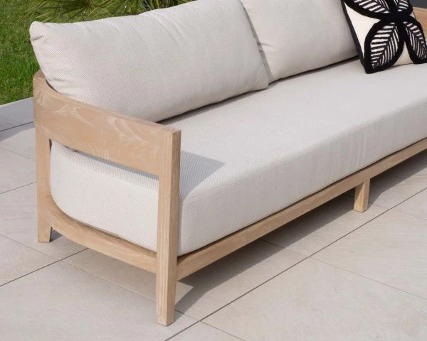 Salon De Jardin Teck Et Tissu écru Chiné Déperlant "Blois" Ensemble Canapé Et Fauteuils – Image 5