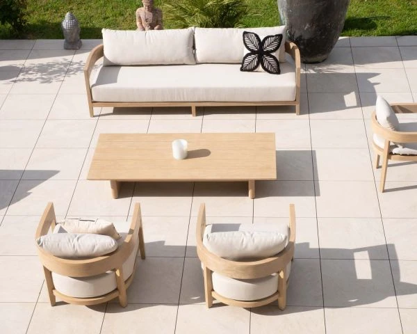 Salon De Jardin Teck Et Tissu écru Chiné Déperlant "Blois" Ensemble Canapé Et Fauteuils