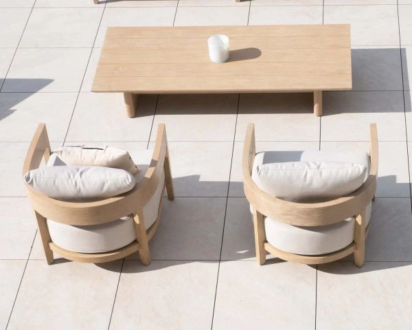 Salon De Jardin Teck Et Tissu écru Chiné Déperlant "Blois" Ensemble Canapé Et Fauteuils – Image 10