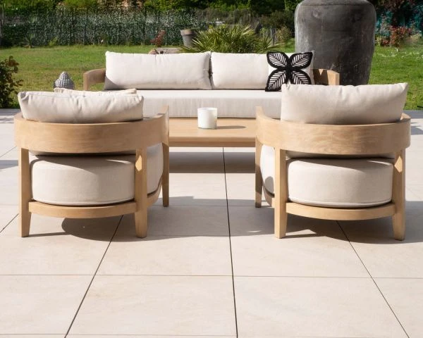 Salon De Jardin Teck Et Tissu écru Chiné Déperlant "Blois" Ensemble Canapé Et Fauteuils – Image 4