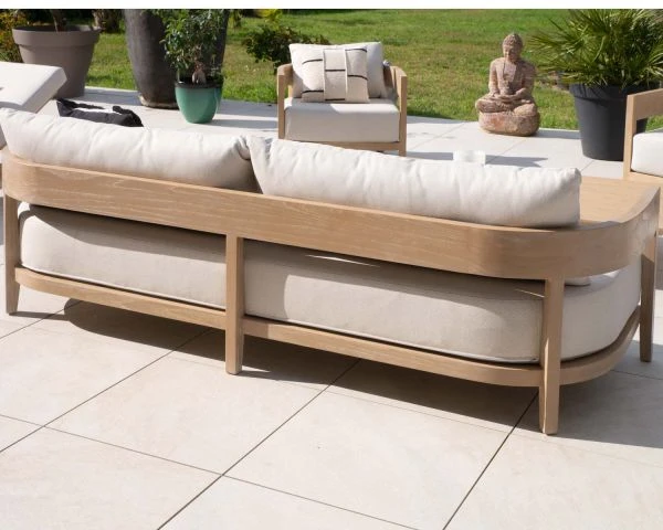 Salon De Jardin Teck Et Tissu écru Chiné Déperlant "Blois" Ensemble Canapé Et Fauteuils – Image 3