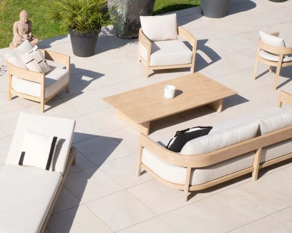 Salon De Jardin Teck Et Tissu écru Chiné Déperlant "Blois" Ensemble Canapé Et Fauteuils – Image 2