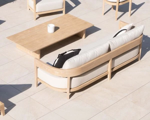 Salon De Jardin Teck Et Tissu écru Chiné Déperlant "Blois" Ensemble Canapé Et Fauteuils – Image 6