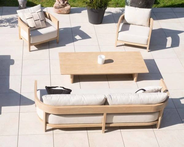 Salon De Jardin Teck Et Tissu écru Chiné Déperlant "Blois" Ensemble Canapé Et Fauteuils – Image 8