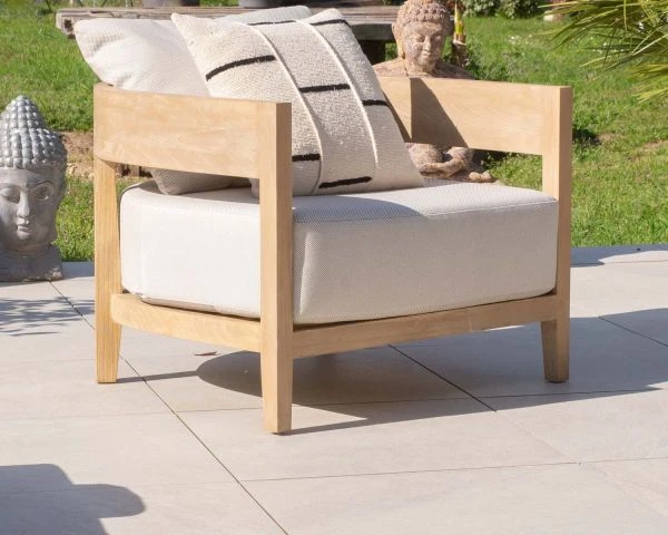 Salon De Jardin Teck Et Tissu écru Chiné Déperlant "Blois" Ensemble Canapé Et Fauteuils – Image 9