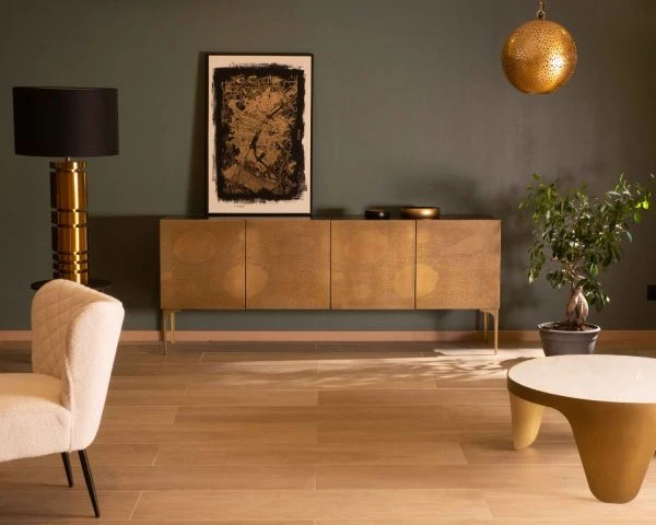 Buffet Bas Design En Fer Noir Et Laiton Gravé "Gilt Antique" 4 Portes