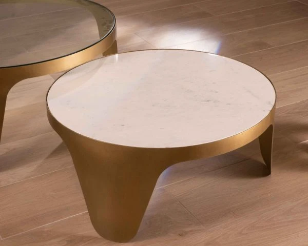 Duo De Tables Basses Rondes Laiton Antique Verre Marbre "Gilt Antique" – Image 3