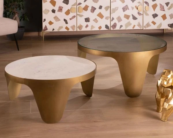 Duo De Tables Basses Rondes Laiton Antique Verre Marbre "Gilt Antique" – Image 2