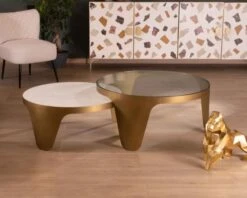 Duo De Tables Basses Rondes Laiton Antique Verre Marbre "Gilt Antique"