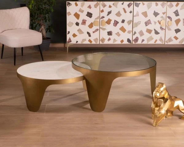 Duo De Tables Basses Rondes Laiton Antique Verre Marbre "Gilt Antique"