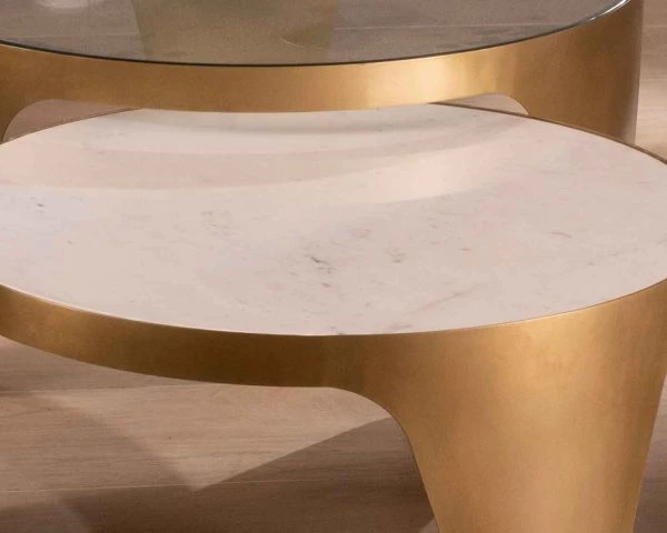 Duo De Tables Basses Rondes Laiton Antique Verre Marbre "Gilt Antique" – Image 5