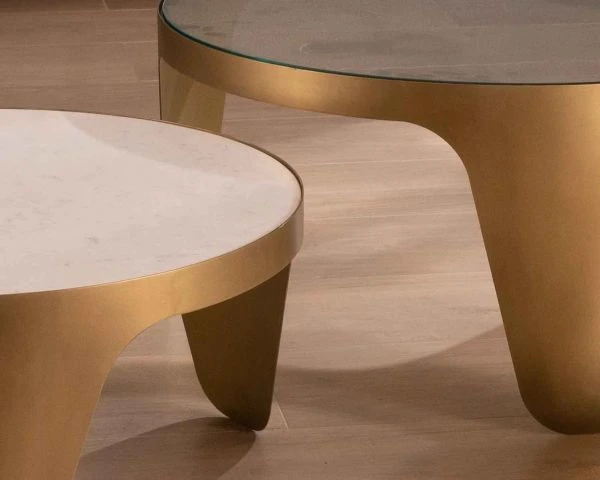 Duo De Tables Basses Rondes Laiton Antique Verre Marbre "Gilt Antique" – Image 6