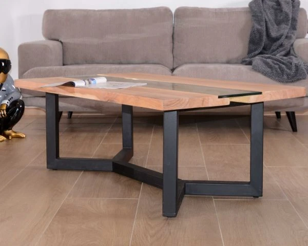 Table Basse Moderne Bois Naturel, Verre Et Métal Noir "Cassiopée" – Image 2