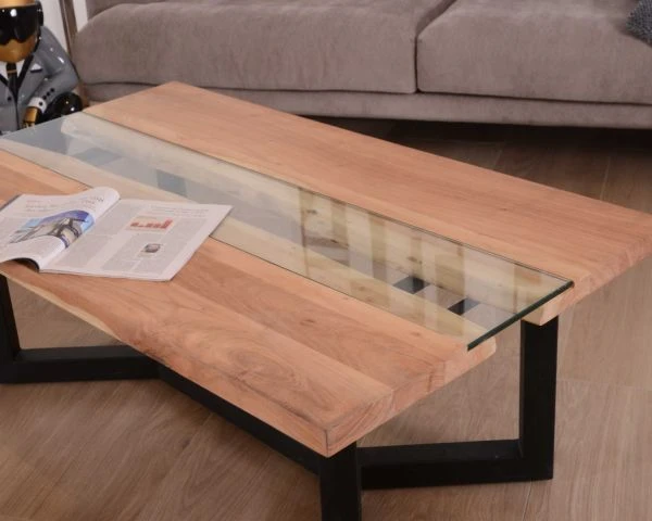 Table Basse Moderne Bois Naturel, Verre Et Métal Noir "Cassiopée" – Image 3