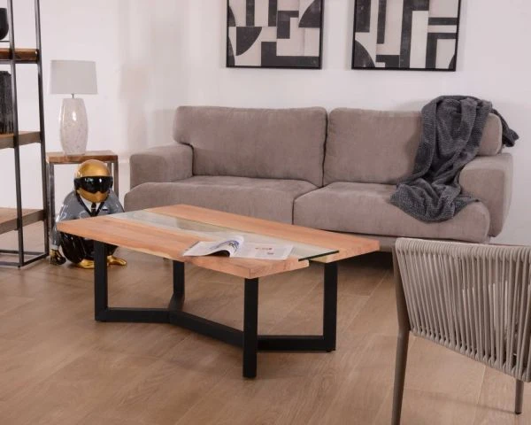 Table Basse Moderne Bois Naturel, Verre Et Métal Noir "Cassiopée"