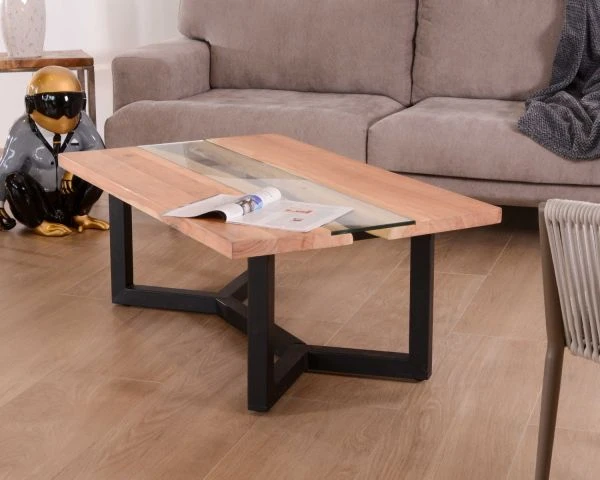 Table Basse Moderne Bois Naturel, Verre Et Métal Noir "Cassiopée" – Image 4