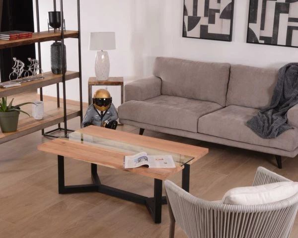 Table Basse Moderne Bois Naturel, Verre Et Métal Noir "Cassiopée" – Image 5