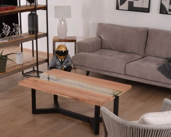 Table Basse Moderne Bois Naturel, Verre Et Métal Noir "Cassiopée" – Image 6