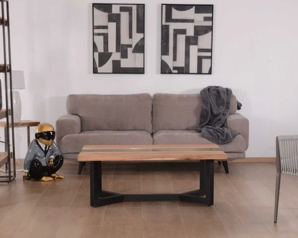 Table Basse Moderne Bois Naturel, Verre Et Métal Noir "Cassiopée" – Image 7