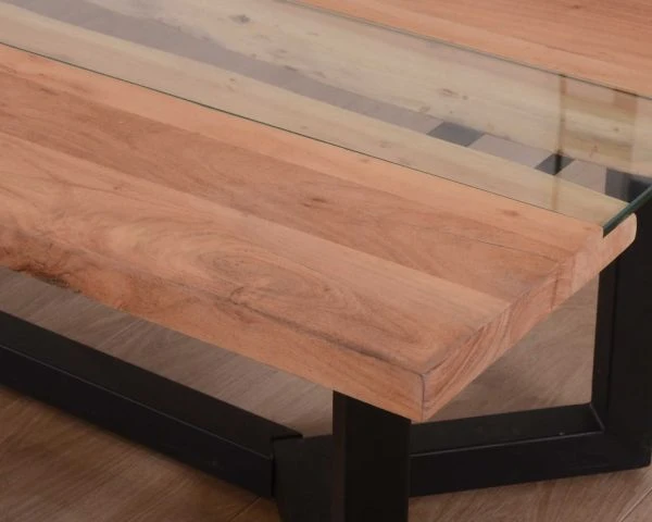 Table Basse Moderne Bois Naturel, Verre Et Métal Noir "Cassiopée" – Image 8