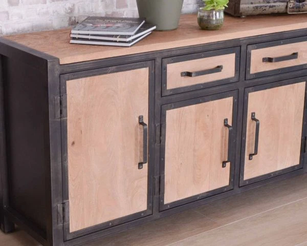 Bahut 4 Portes 2 Tiroirs Métal Anthracite Bois De Manguier "Saturne" – Image 5