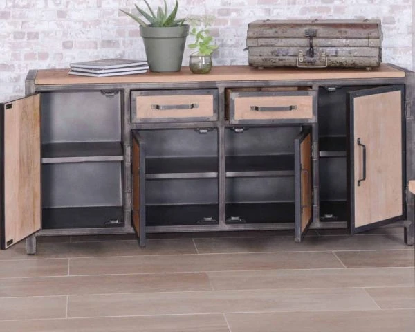 Bahut 4 Portes 2 Tiroirs Métal Anthracite Bois De Manguier "Saturne" – Image 7