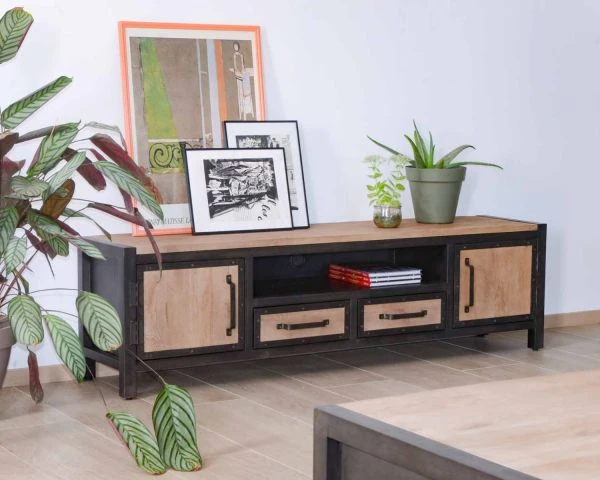 Meuble Tv Métal Industriel Et Bois De Manguier Massif "Saturne" 180cm – Image 2