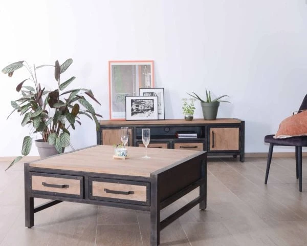 Meuble Tv Métal Industriel Et Bois De Manguier Massif "Saturne" 180cm – Image 5