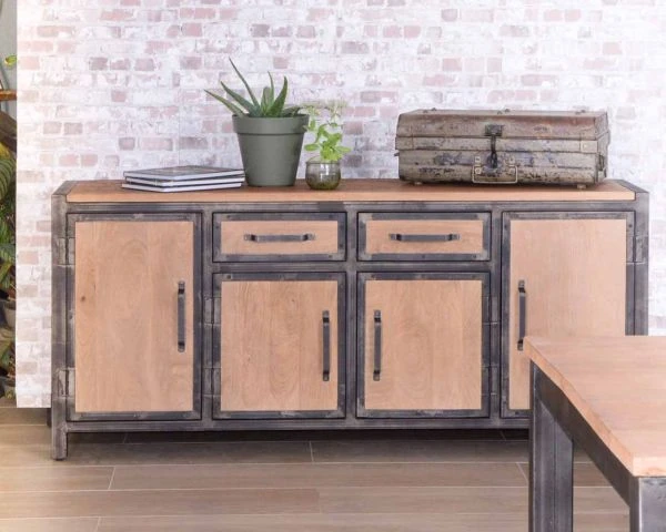 Bahut 4 Portes 2 Tiroirs Métal Anthracite Bois De Manguier "Saturne"