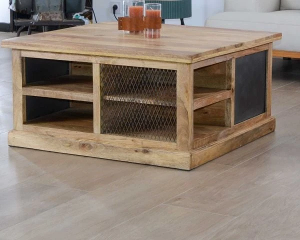 Table Basse Carrée Avec Rangements En Métal Et Bois "Caractère" – Image 3