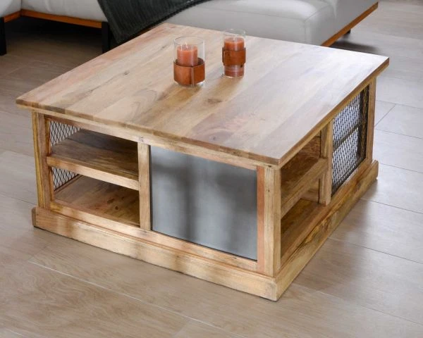 Table Basse Carrée Avec Rangements En Métal Et Bois "Caractère" – Image 6