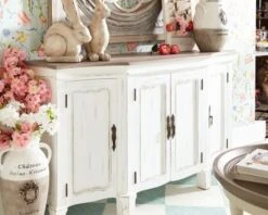 Buffet 4 Portes Blanc Cassé Vieilli Plateau Bois "Héritage"