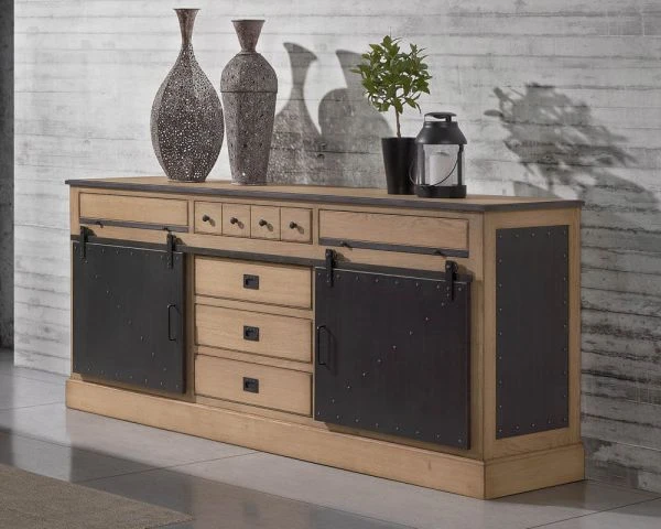 Grand Buffet Industriel En Chêne Massif Et Métal Noir "San Francisco" – Image 2