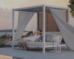 Lit De Jardin Double Haut De Gamme Tissu Alu Et Teck "Ibo Island"