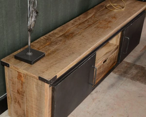 Meuble TV 160 Cm Porte Coulissante Métal Et Bois "Caractère" – Image 3