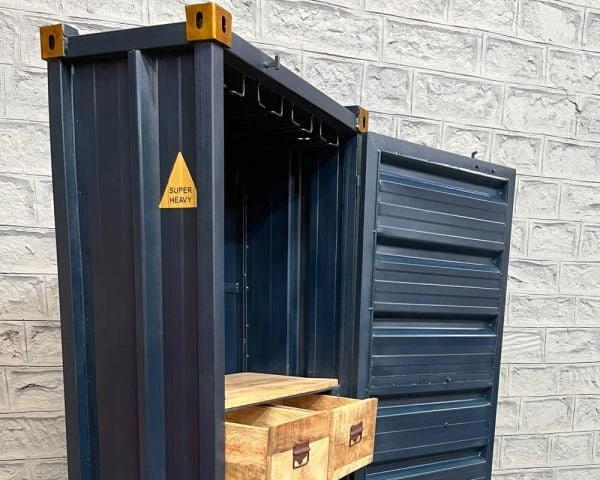 Meuble Bar Container Esprit Récup En Métal Bleu Nuit Et Bois "Crazy" Haut. 178cm – Image 10