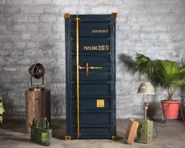 Meuble Bar Container Esprit Récup En Métal Bleu Nuit Et Bois "Crazy" Haut. 178cm – Image 2