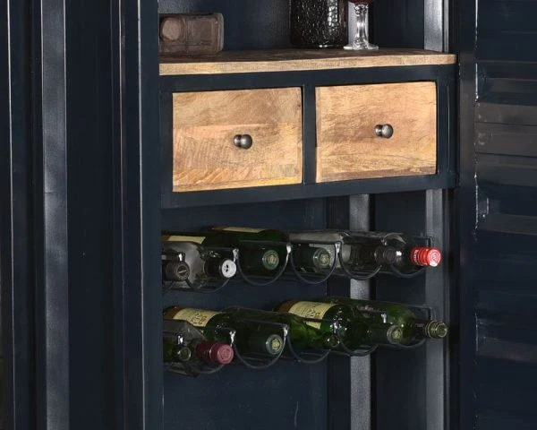 Meuble Bar Container Esprit Récup En Métal Bleu Nuit Et Bois "Crazy" Haut. 178cm – Image 3