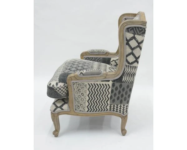 Fauteuil Bergère Tissu Patchwork Gris Et Bois Naturel Clair "Sofia" – Image 4