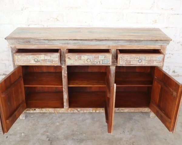 Buffet Indien En Bois Massif 3 Portes Et 3 Tiroirs Sculptés "Utopia" – Image 6