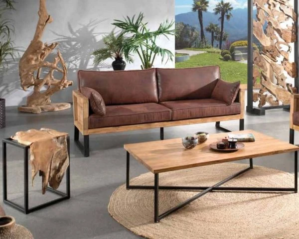 Canapé 2 Places Bois De Teck Et Tissu Imitation Cuir Havane "Roster"