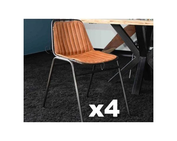 Lot De 4 Chaises Industrielles Métal Et Cuir Marron Antique " Rétro"