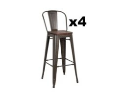 Lot De 4 Chaises De Bar Industrielles Métal Gris Assise Bois "Osaca"