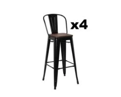 Lot De 4 Chaises De Bar Industrielles Métal Noir Assise Bois "Osaca"
