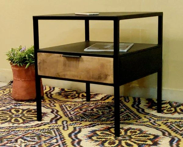 Table De Chevet Industrielle Noire Et Bois 1 Tiroir "Atelier" – Image 3