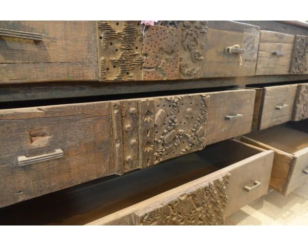 Commode Basse Apothicaire 195cm "Népalaise" En Bois Recyclé 6 Tiroirs – Image 3