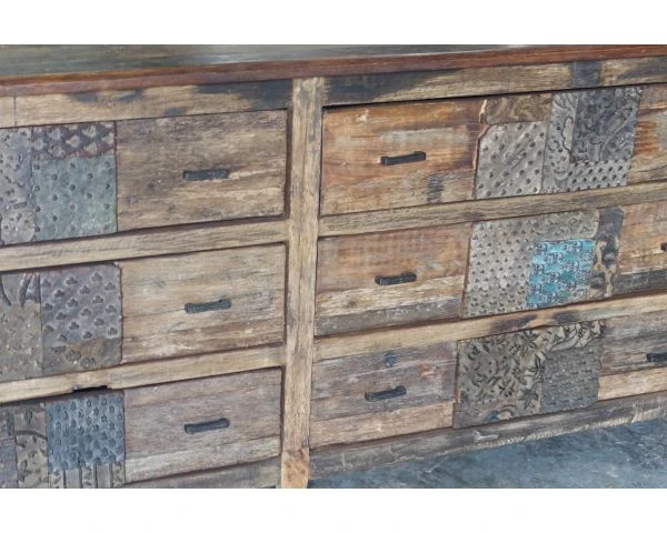 Commode Basse Apothicaire 195cm "Népalaise" En Bois Recyclé 6 Tiroirs – Image 2